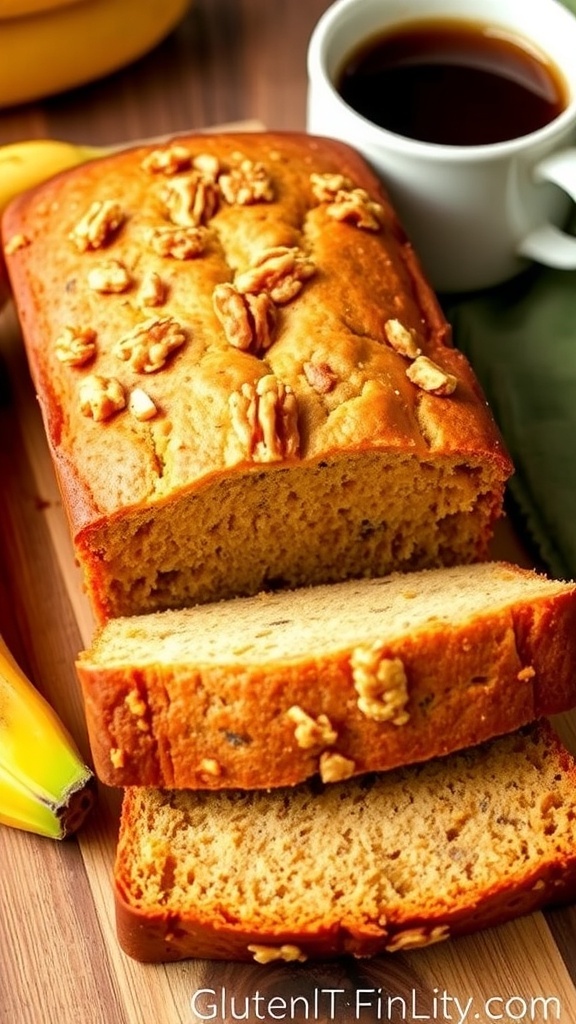 Sliced gluten-free banana bread on a wooden board with walnuts and bananas.